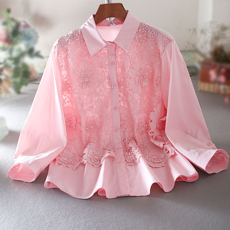 Spring Original Design Lace Splicing High-End Lapel Fake Two-Piece Western Style Ol Shirt Women's Top