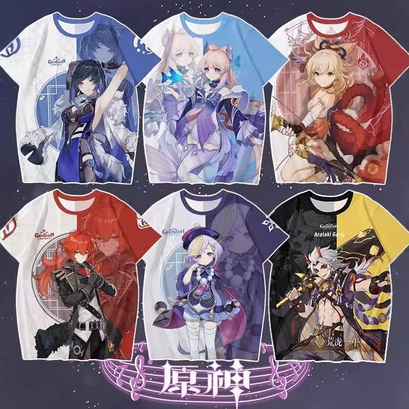 Genshin Impact Anime Short-Sleeve T-Shirt Merchandise Featuring Klee, Keqing, Ganyu, Hu Tao, Xiao, and Kazuha, Unisex 2D Cosplay Clothing