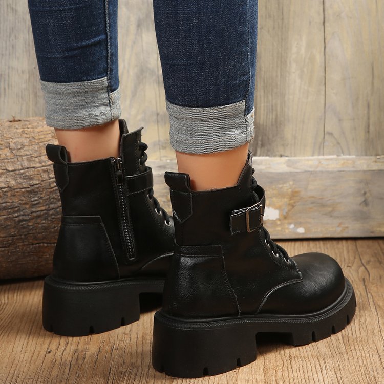 New autumn winter British style motorcycle boots thick soled belt buckle vintage ankle boots plus size_voghion.com