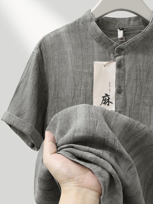 High-End Linen Stand-Collar Short-Sleeved T-Shirt for Men, Summer Thin Chinese Style Loose Top, Retro Half-Sleeved T-Shirt High-End Linen Stand-Collar Short-Sleeved T-Shirt for Men, Summer Thin Chinese Style Loose Top, Retro Half-Sleeved T-Shirt