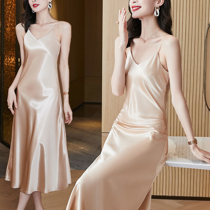 Spring and Summer 2025 New Elegant V-neck Sling dress Women's Mid-length Sexy Satin Base Long Skirt