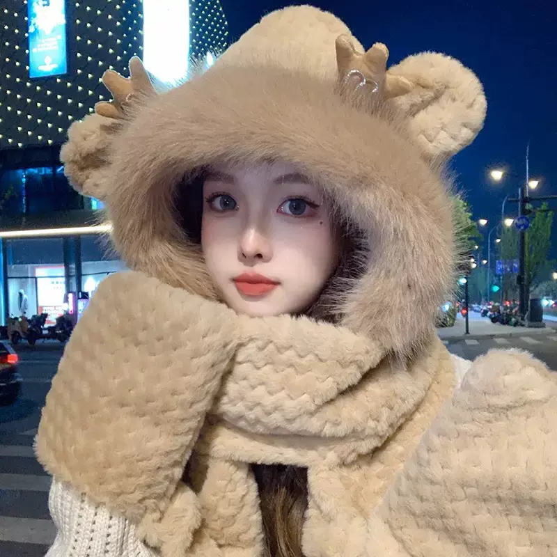 鹿角毛绒秋冬季帽子女可爱围巾手套连帽加绒保暖围脖一体三件套厚