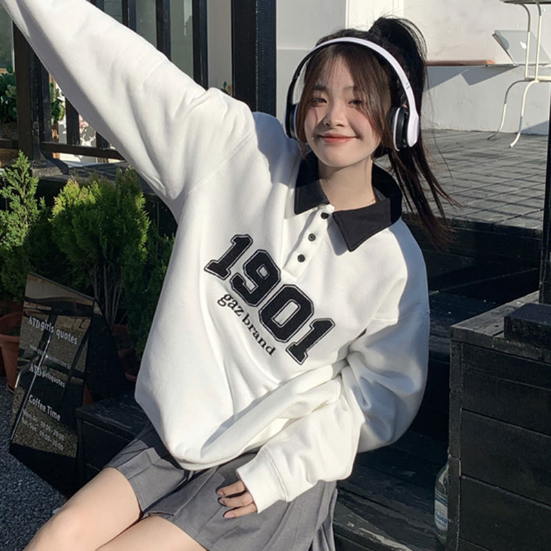 POLO Collar Contrast Sweat Women's Spring and Autumn New Korean Style Loose plus size Towel Embroidered Vintage American Lapel Top POLO Collar Contrast Sweat Women's Spring and Autumn New Korean Style Loose plus size Towel Embroidered Vintage American Lapel Top