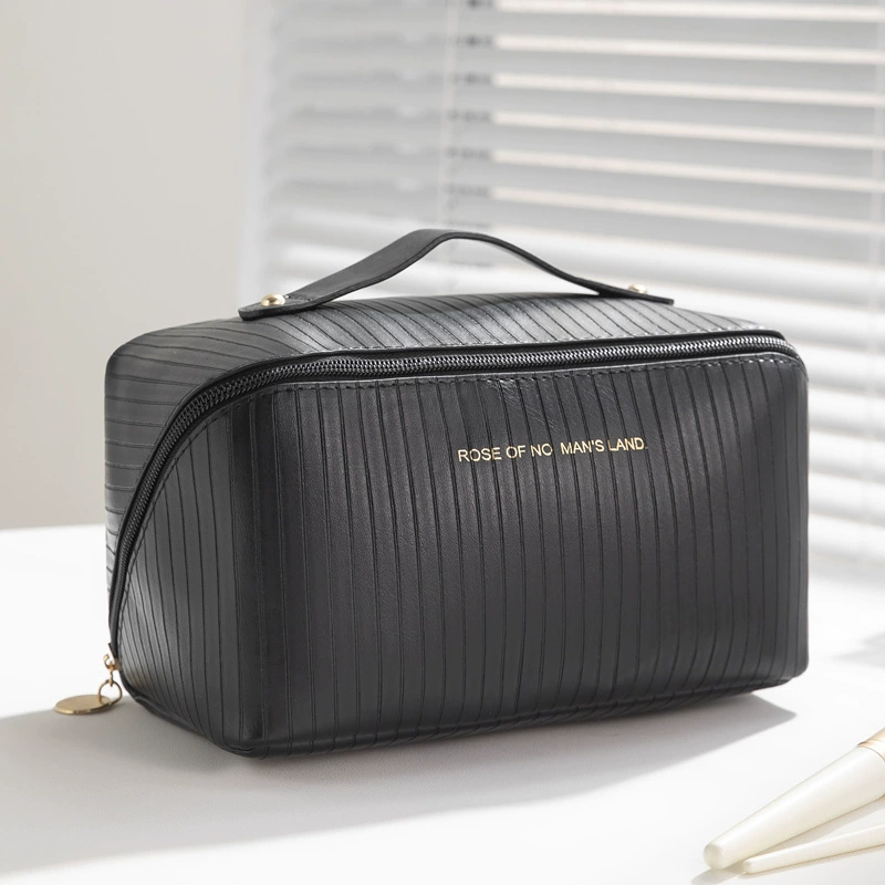 Cosmetic bag pillow organizer, PU leather, roomy travel handheld shoulder pouch