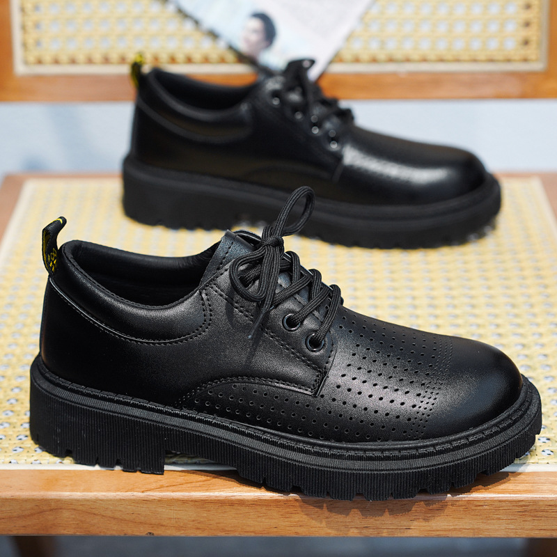 Zapatos de cuero con cordones de suela gruesa de corte bajo casual para hombre de primavera 2025 zapatos de cuero transpirables perforados de cuero de todo fósforo negro zapatos de hombre