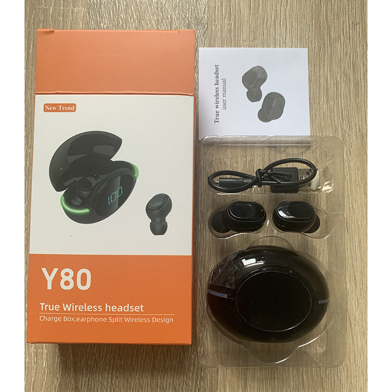 Auriculares Bluetooth TWS transfronterizos Y80 juego de deportes electrónicos tapones para los oídos 5,3 Envío de inspección completa pantalla digital en funcionamiento Volumen LED de larga espera