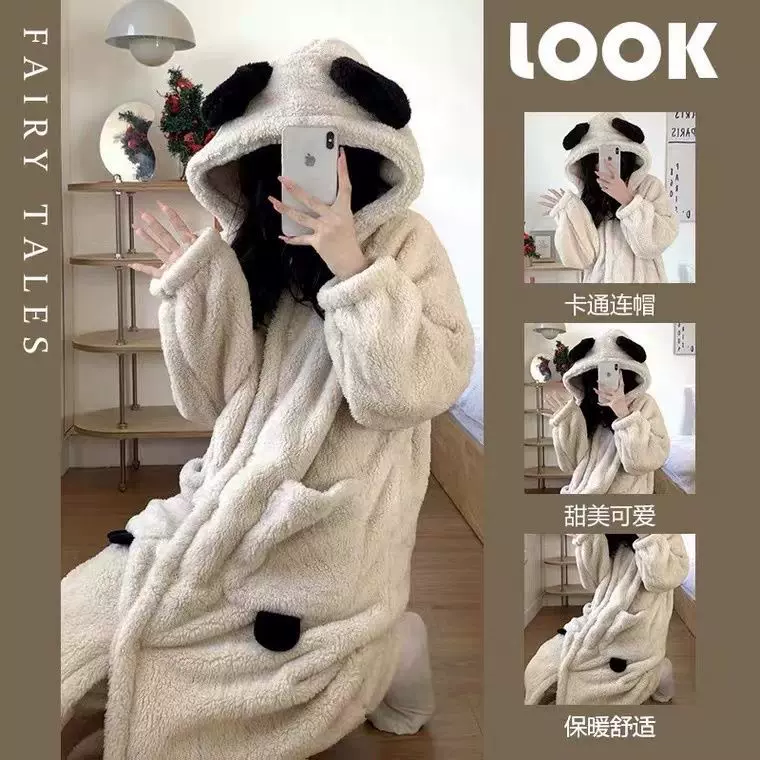 冬季珊瑚绒睡衣女网红ins外穿法兰绒睡袍长袍卡通家居服可外穿