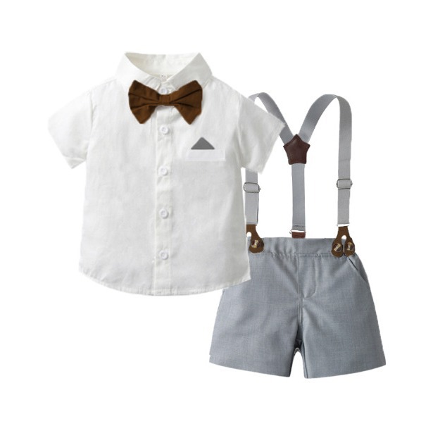 Comercio exterior ropa infantil de verano cardigán de manga corta correa de caballero pantalones cortos de dos piezas con vestido de espectáculo de flores de aniversario ropa infantil