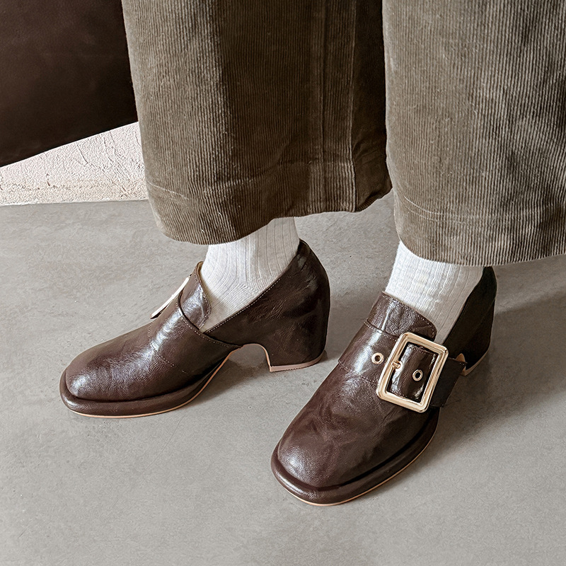 Giày cao gót nữ loafer da cừu gót vuông 7 cm — màu nâu
