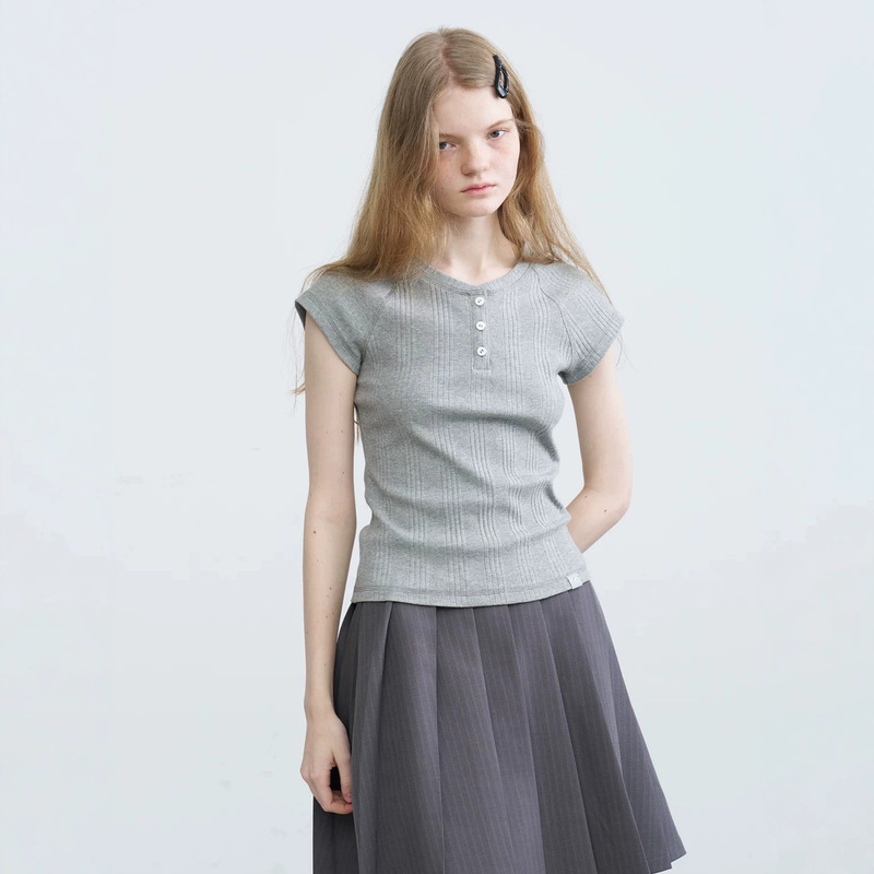 Korean-Style Henry Collar Vertical Striped Short-Sleeve T-Shirt for Women, Summer High-End Slim-Fit Slimming Base Shirt Top