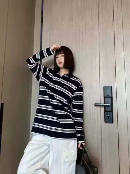 Miu-Style New Stripe Long-Sleeve Polo Shirt Loose Casual Top Slimming Basic Tee Unisex Lounge Vibe