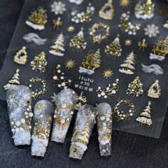 2025新款圣诞美甲贴纸烫金雪花圣诞树花环雪花浮雕烫银指甲贴饰品
