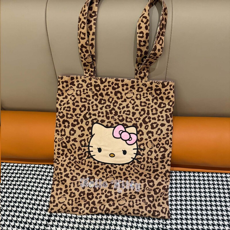 黑皮Hello Kitty全棉烫钻托特女士帆布大容量单肩包购物袋斜挎包|undefined