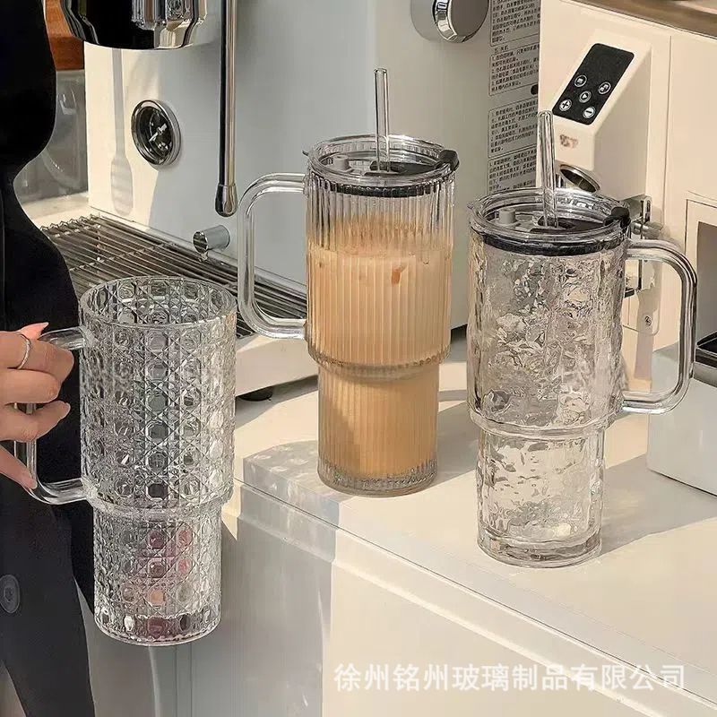 Taza de agua de paja de alta capacidad, taza de vidrio a rayas verticales con mango, taza de café, taza de paja de regalo promocional