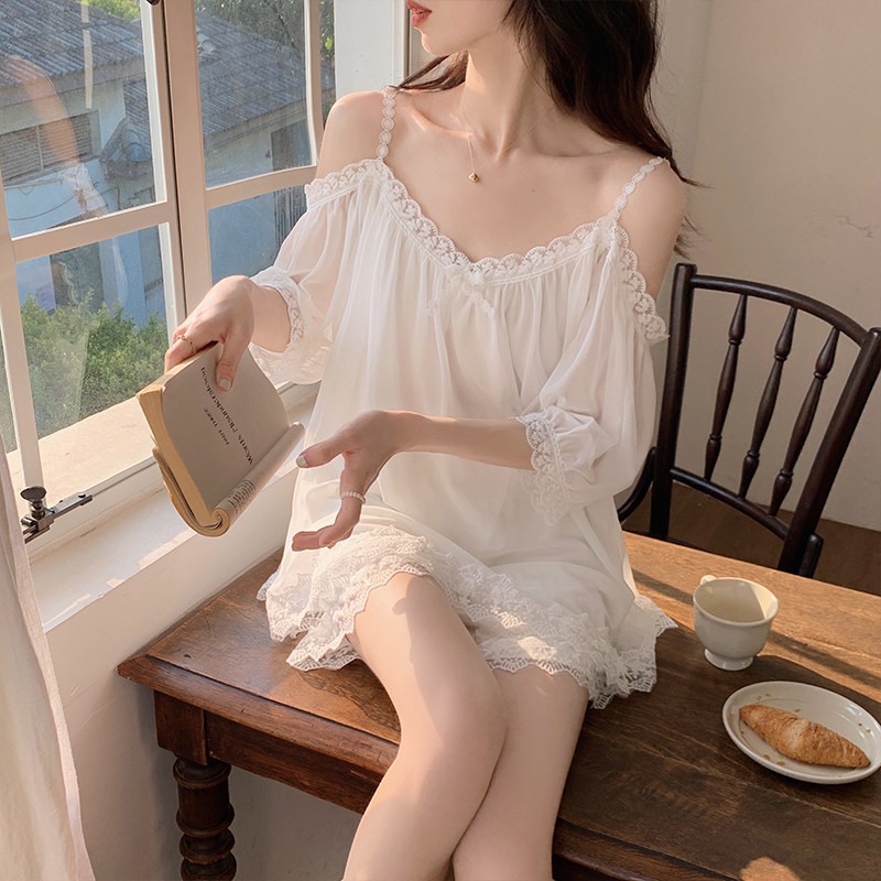 Sexy Suspender Nightgown for Women, Summer High-End Style, Pure Desire Style, Off-Shoulder Lace Mesh, Sweet and Cute Princess Home Wear Sexy Suspender Nightgown for Women, Summer High-End Style, Pure Desire Style, Off-Shoulder Lace Mesh, Sweet and Cute Princess Home Wear