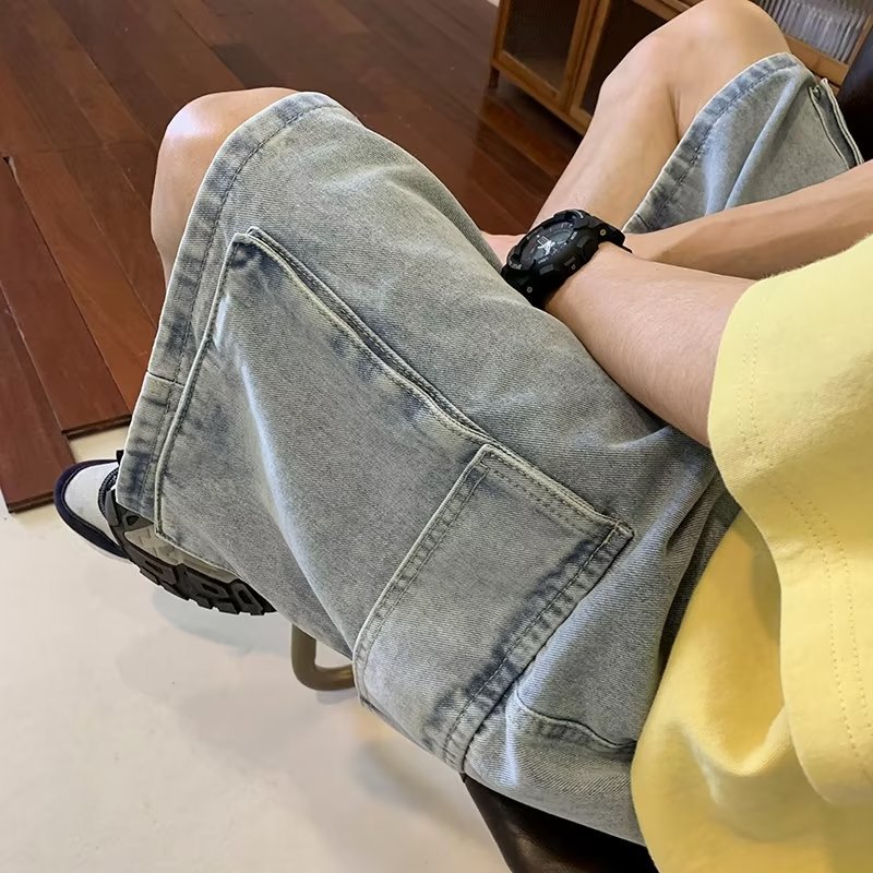 Hong Kong Style South Korea Ins Trendy Retro Japanese Style All-match Loose Straight Denim Shorts Casual Pants Trendy Men's and Students