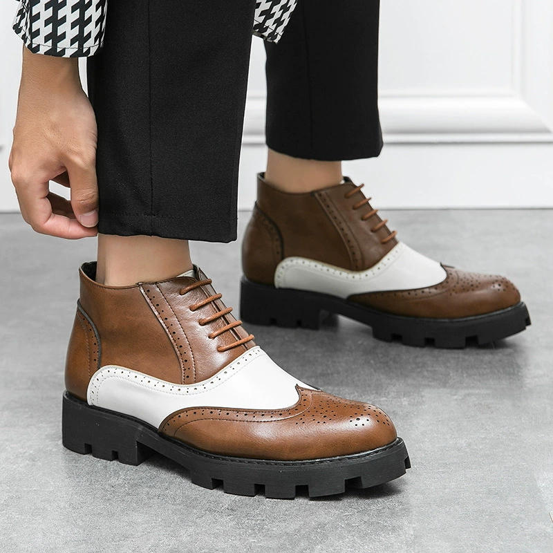 Мужские Кожаные Туфли-броги в стиле колор блок, мужская осенне-зимняя Новая повседневная толстая подошва 2022 года с увеличенным острым носком, деловая официальная одежда, мужская обувь