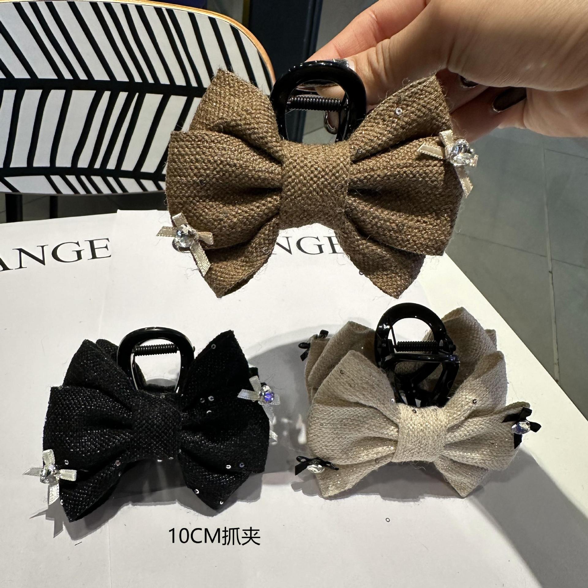 韓國甜美新款小香風針織布藝蝴蝶結毛絨10CM抓夾盤髮夾高級髮飾