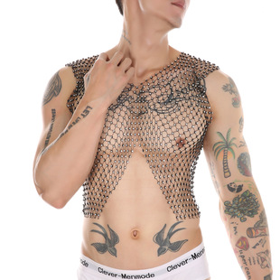 Clever-Menmode Men's Party Sparkling Diamond Slit V Neck Fishnet Sleeveless Top Nightclub Performance Vest