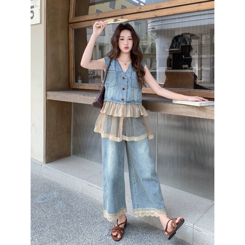 Stylish Summer Lace Patchwork Mesh Denim Set for Women: V-Neck Vest + Wide-Leg Pants, Fashionable Casual Two-Piece Set