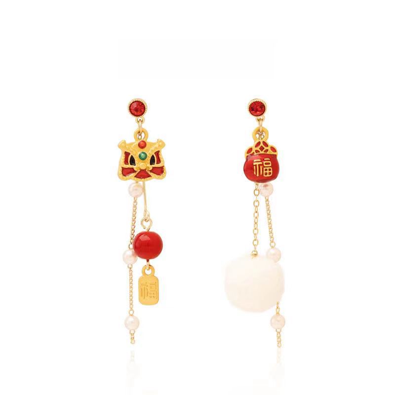 Year Red 2026 Year Lion Dance Fortune Cat Auspicious Clouds Festive Red Asymmetrical Versatile Year Earrings For Women