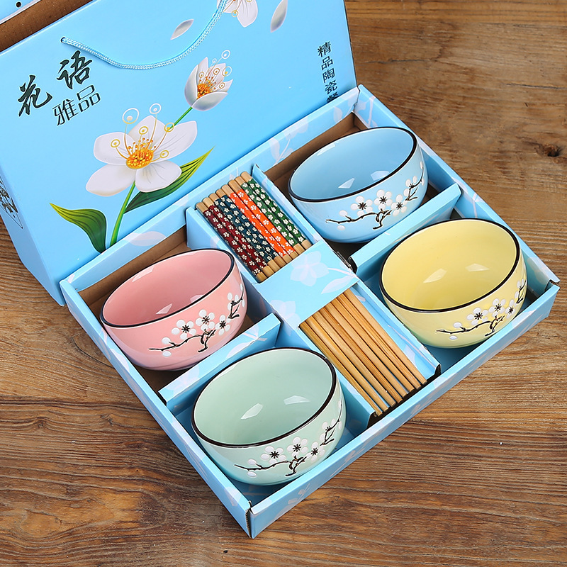 Gift Bowl Set Batch Household Eating Bowl Set Blue and White Porcelain Bowl Ceramic Bowl and Chopsticks Set Tableware Gift Box