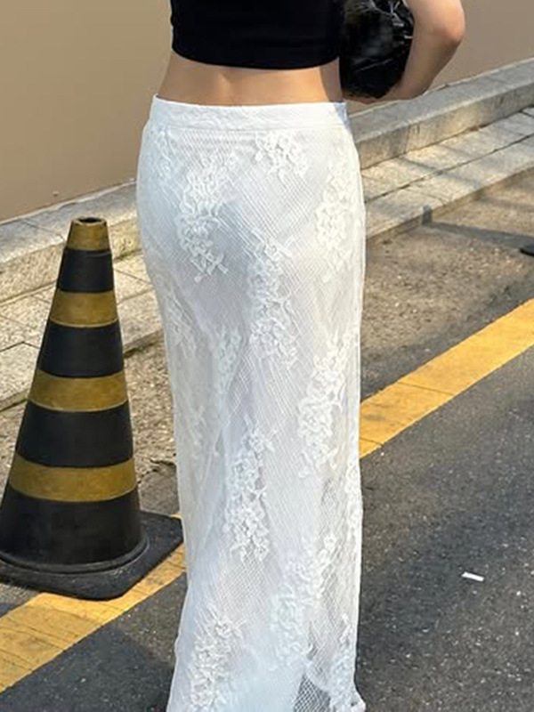 欧美设计感蕾丝拼接直筒半身裙跨境新款高腰显瘦网纱包臀长裙女|undefined