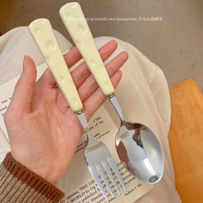 Stainless Steel Spoon and Fork Tableware Set Imitation Ceramic Cheese Handle Fork and Spoon Set Household Dessert Spoon Fruit Fork