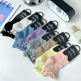 Spring and Summer Candy Color Loose Mouth Curled Classic Pure Color Pearl Accessories jk Lolita Sweet Short Women's Socks Boat Socks