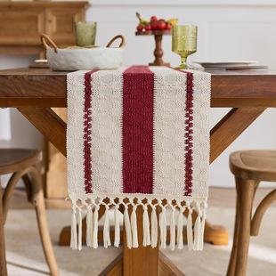 Table Runner Tassel Cotton Hollow Red Festive Holiday Country Farmhouse Christmas Table Decorative Cloth Coffee Table Tablecloth