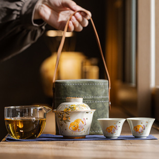 Ash-Colored Lucky Bag Quick Cup Golden Osmanthus Longevity Travel Outdoor Tea Set Portable Ceramic Kung Fu Tea Set