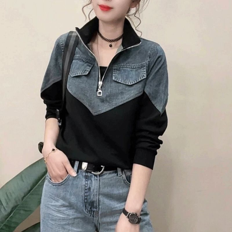 Spring and Autumn New Fashion Casual Half-Zip Design Sweatshirt for Women Korean Style Loose and Versatile Thin Splicing Top