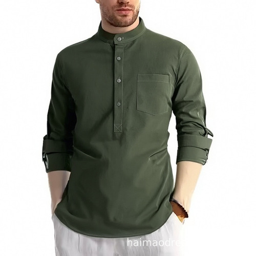 2025 Spring and Summer Pure Cotton Men's Long-Sleeve Henley Shirt Yiwu Shirt Men's Formal Large Men's Clothing