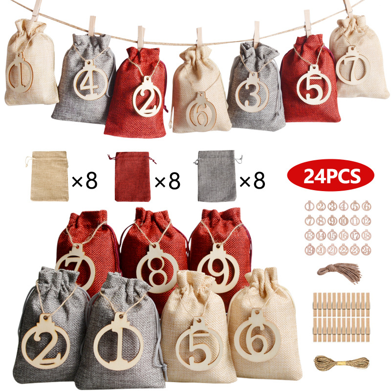 Christmas Linen Gift Bags suit Linen Drawstring Board Countdown calendar Hanging bag Linen gift Bundle pocket