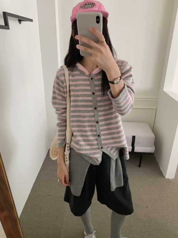 多巴胺配色条纹毛衣外套女秋冬款内穿外搭连帽卫衣大码彩色系穿搭|undefined
