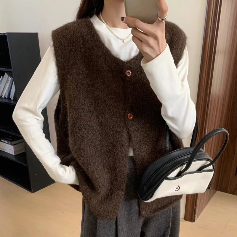 针织马甲开衫女秋冬季新款背心韩系简约复古软糯宽松叠穿毛衣坎肩|undefined