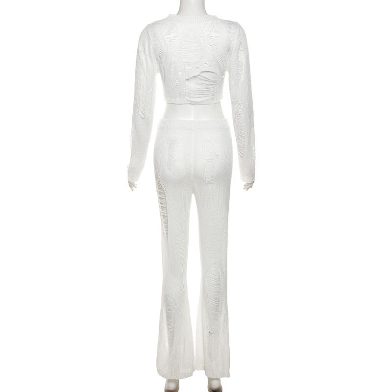 Fashion Solid Color Hollow Out Pants Sets 2 Piece Set