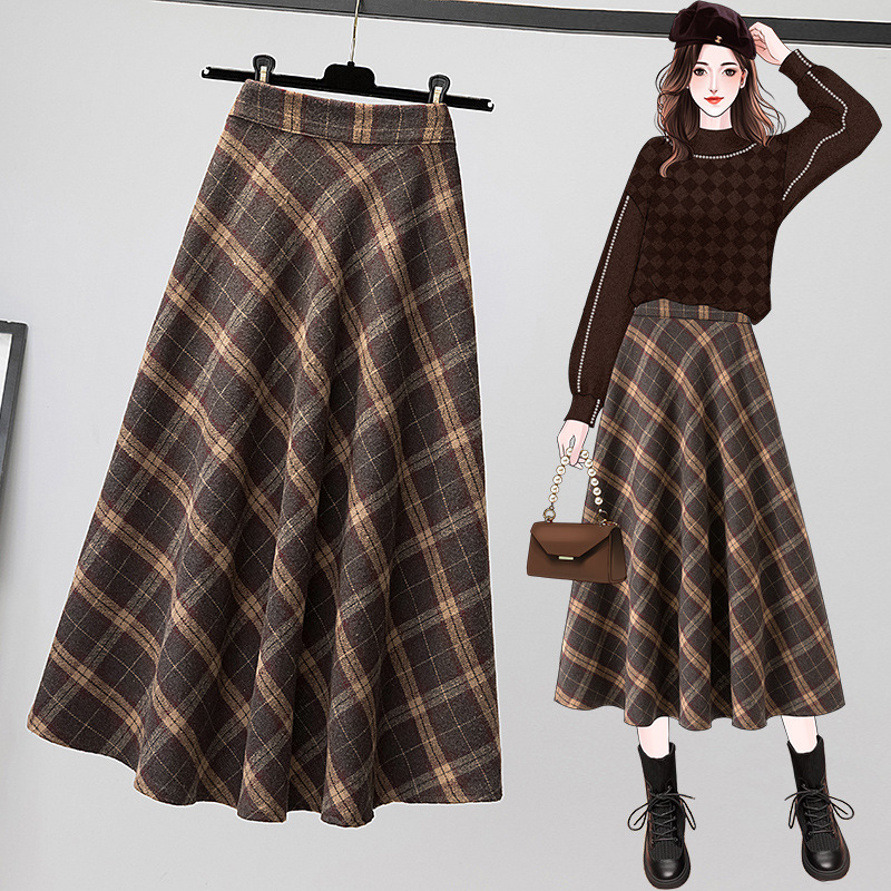 Tide, fitted plaid retro long long skirt, plus size, A-line, high waist