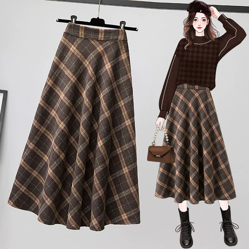 Tide, fitted plaid retro long long skirt, plus size, A-line, high waist