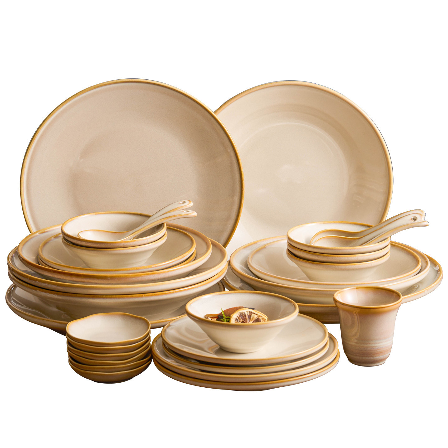 Fábrica de horno marrón amarillo línea cambiante cubiertos de platos de cerámica china combinación de platos de cerámica de alta calidad de platos de platos