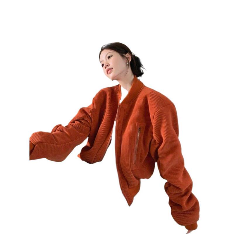 灯芯绒夹棉加厚棒球服外套女秋冬新款设计感立领拉链夹克棉服上衣|undefined