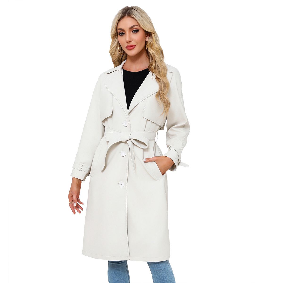 Women's Clothing 24 Spring and Autumn Women's Windbreaker Long Loose Jacket PU Leather Jacket Women's OVERSIZE Classic Lapel Jacket with Belt_voghion.com