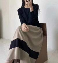 韩东大门女装秋季新款时尚针织假两件拼接拼色长款连衣裙