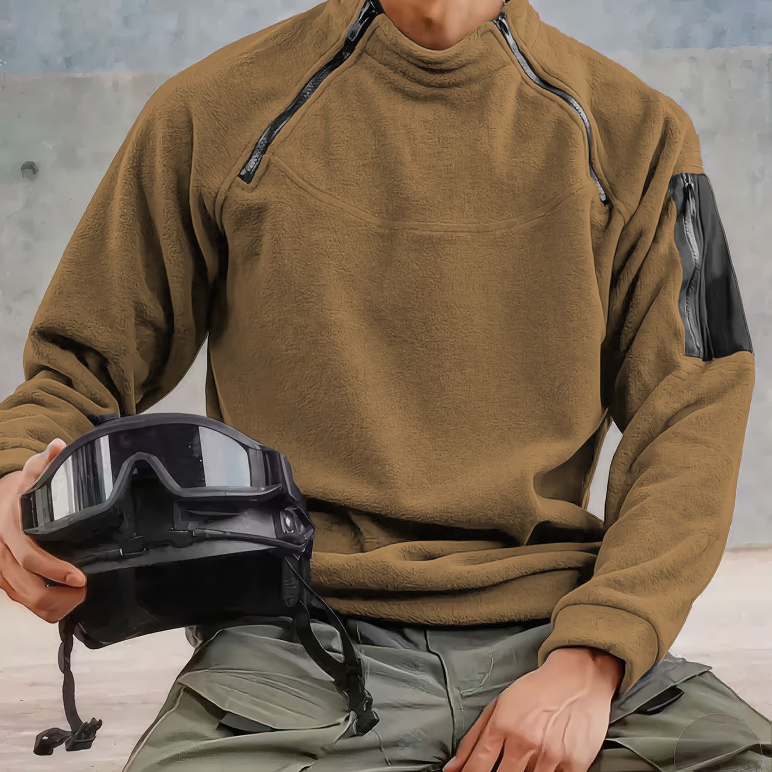 Men's Winter Stand Collar Fleece-Lined Thickened Hoodie Double Zipper Design Trendy Workwear Sweatshirt_voghion.com