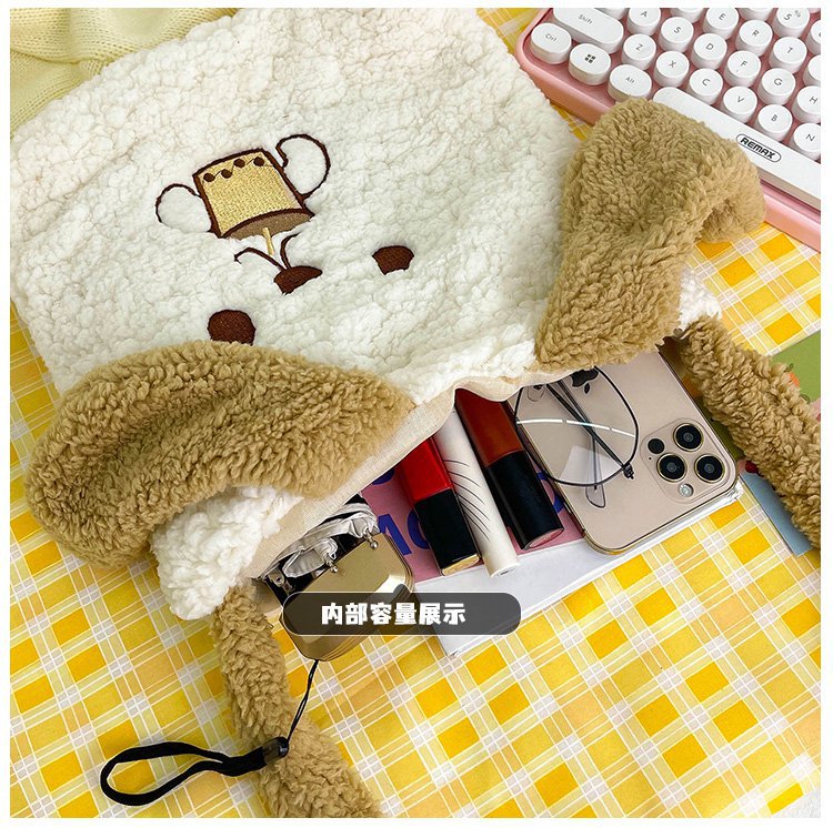 This autumn and winter hand-held bag with big ears, cute animal-embroidered fur, and a simple lambskin large-capacity student backpack undefined