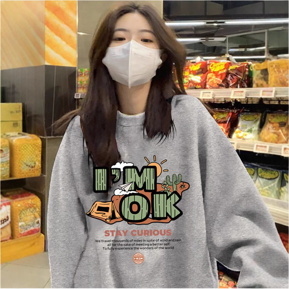 秋冬华棉卫衣女圆领宽松时尚印花加绒打底学生上衣欧美个性打底衫