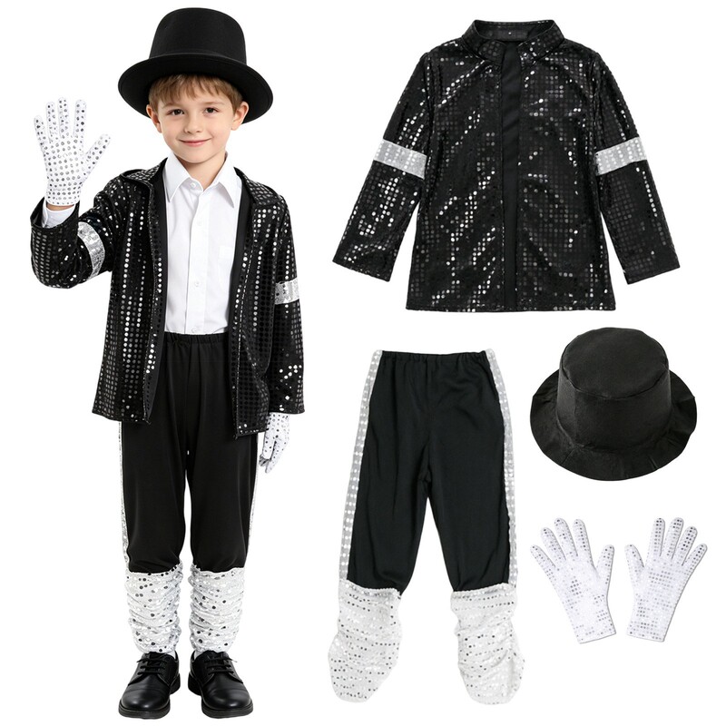 In-Stock Children's Stage Performance Outfit Michael Jackson Black Sequin Jazz Dance Set June 1St Performance Costume