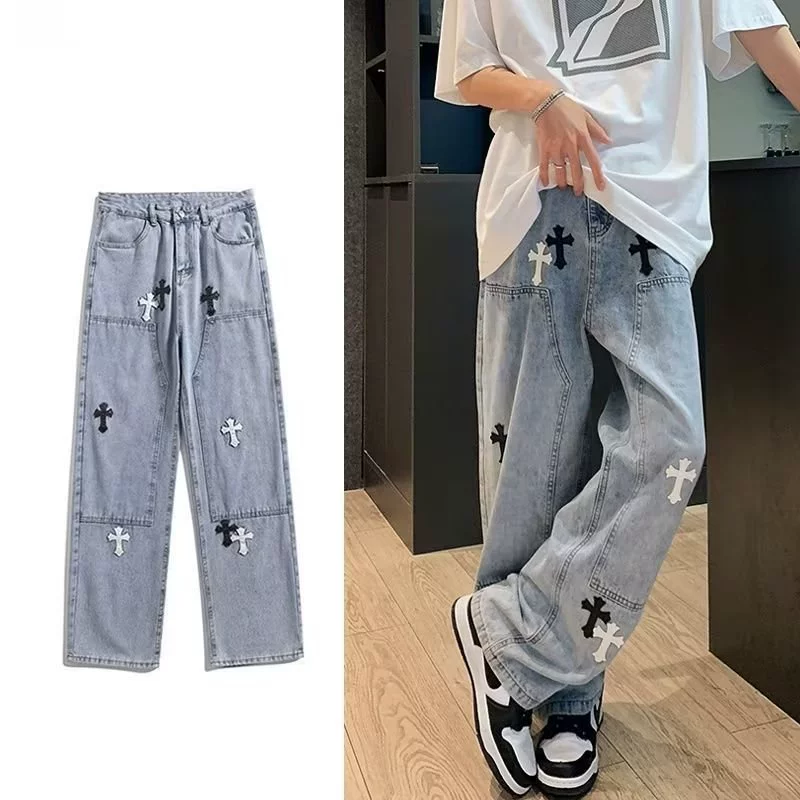 Джинсы Cross, мужские летние брюки в стиле High Street, модные брендовые прямые широкие брюки, свободный дизайн, ниша