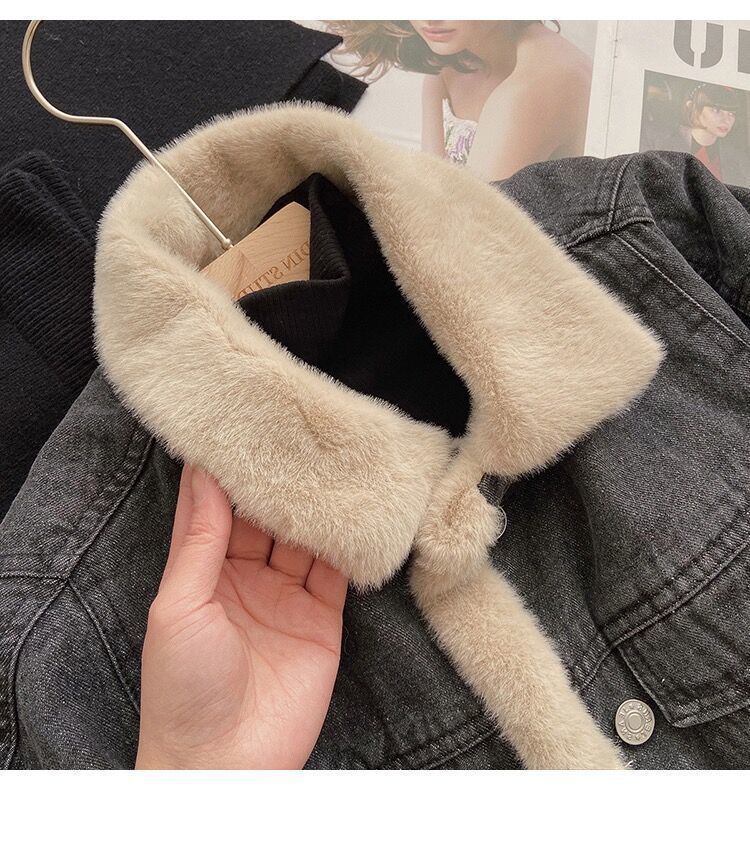 Women's Clothing Autumn and Winter Retro Style Denim Jacket Women Plus Velvet Thickening Small Short Rabbit Fur Jacket Top_voghion.com