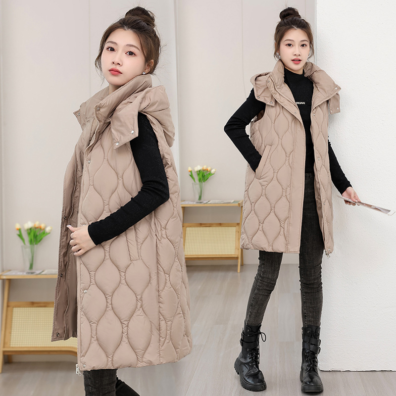 Down Cotton Vest Women's 2024 Winter New Mid-Length Hooded Korean Style Loose Thickeneded Sleeveless Vest Jacket